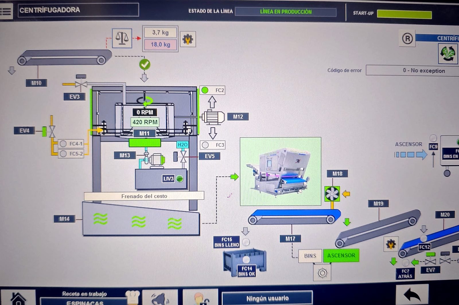 Pantalla HMI de una línea de centrifugado